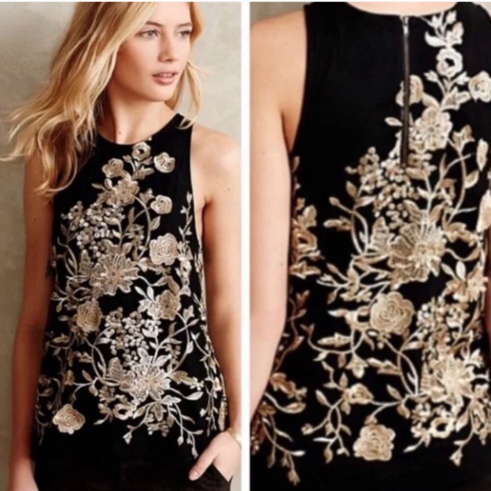 Sunday in Brooklyn Black Tank Top with Gold Floral Embroidery